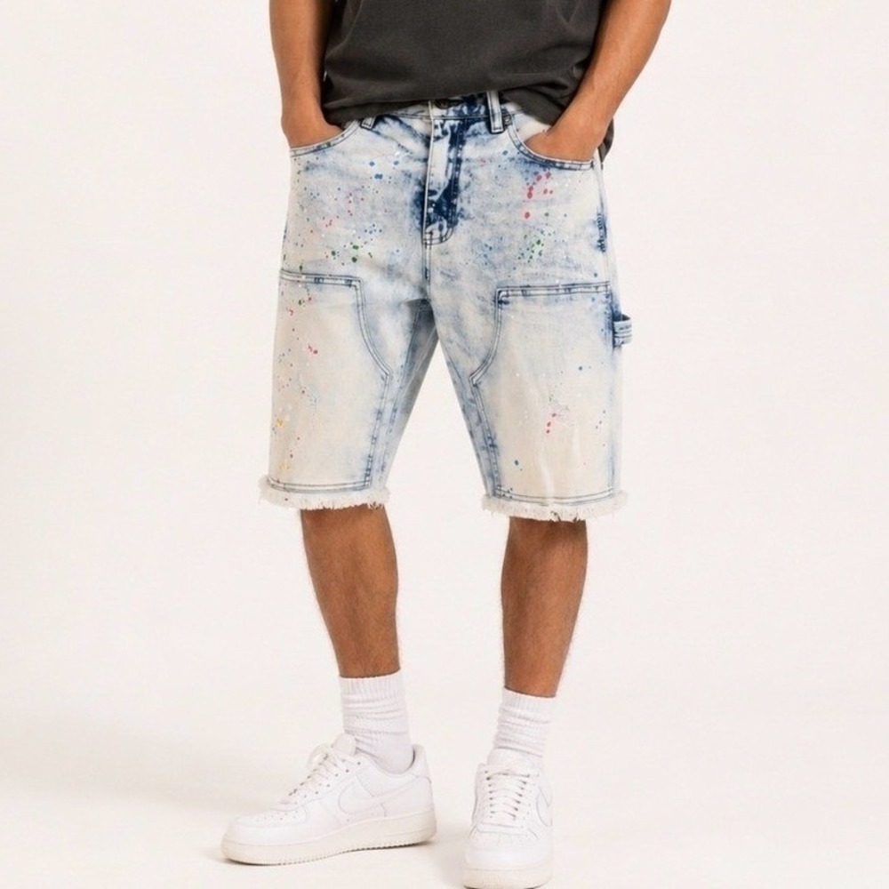 Men's 30 Carpenter Shorts Acid Wash Paint Splatter Streetwear Jorts - Decibel